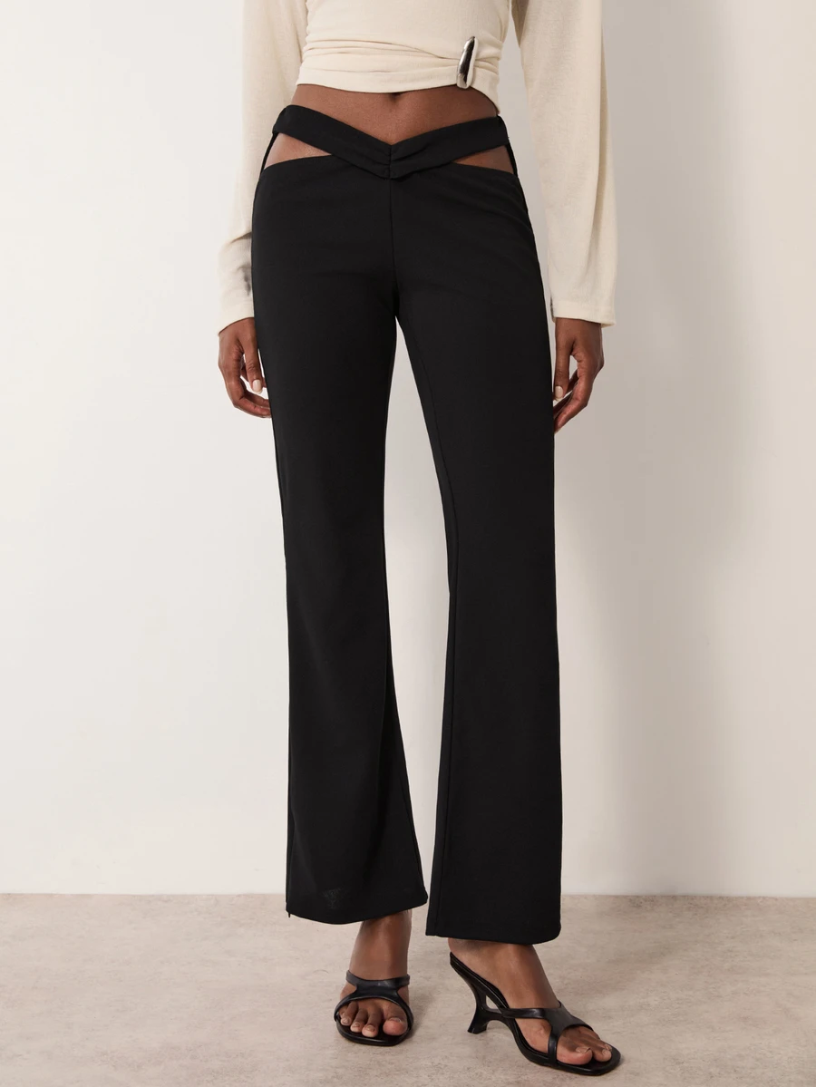 MERLEAU Women's Modern Black Hollow Waist Long Pants - Black - View 1