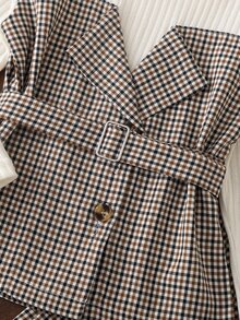 SHEIN Elladie kids 女童格紋 2 件套，米色荷葉邊圓領長袖內搭上衣搭配棕色格紋領拼接設計；同材質格紋寬腿長褲。適合日常上學、開學季、姐妹聚會、派對活動、戶外拍照、拜訪親友、郊區出遊等場合 - 卡其色 - 查看 4