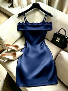 SHEIN Franclia Women's Lace Patchwork Pleated Fashion Date Party Dress - Navy Blue - View 2