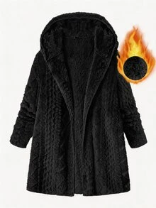 SHEIN Clasi 大尺碼女款純色長袖連帽開襟外套，秋冬款 - 黑色 - 查看 1