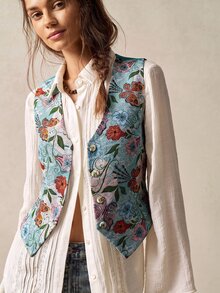 Bohemela Women's Floral Pattern Casual Daily Vest Jacket - Army Green - View 4