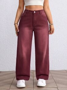 Jeanoix Y2K Plus Size Women Non-Stretch Denim Jeans, Ancara Red Washed Design Casual Fashion Straight Leg Denim Pants, Cowboy For Women - Red - View 6