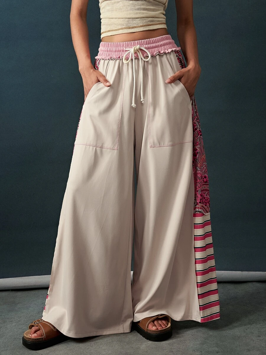 Bohemela Women's Side Paisley Pattern Print Pocket Loose Wide Leg Long Pants - Apricot - View 1