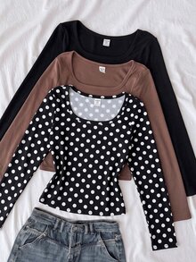 Áo thun tay dài dệt kim cổ vuông dáng ôm casual mới mùa thu cho bé gái tuổi tween - Nhiều màu - Xem 1
