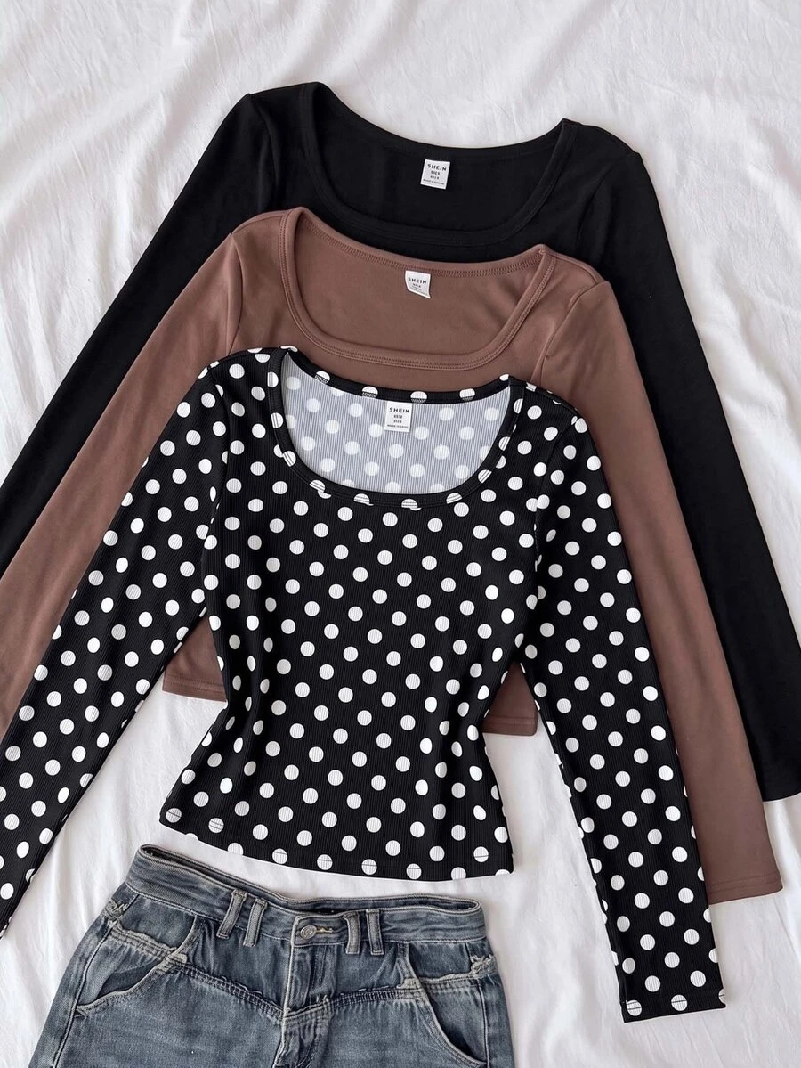 Áo thun tay dài dệt kim cổ vuông dáng ôm casual mới mùa thu cho bé gái tuổi tween - Nhiều màu - Xem 1