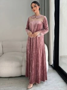 Yasmyna Women's Rhinestone Embellished Mesh Patchwork Casual Party Arabian Dress - Pink - View 7