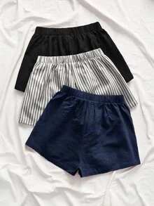 SHEIN VCAY 3件組女款夏季編織時尚海軍藍亞麻短褲，女款夏季海灘節慶休閒基礎款，黑色、灰色與白色 - 藏蓝色 - 查看 2