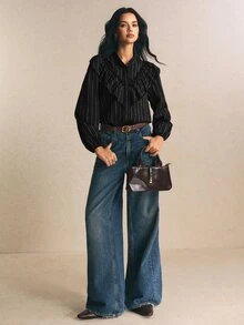 Poéselle 女款條紋長袖單排扣拼接荷葉邊襯衫 - 黑色 - 查看 6