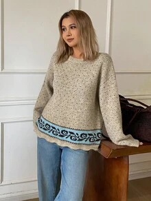 Strévra 女款羊毛復古街頭風提花長袖針織衫，適合日常穿著 - 杏色 - 查看 6