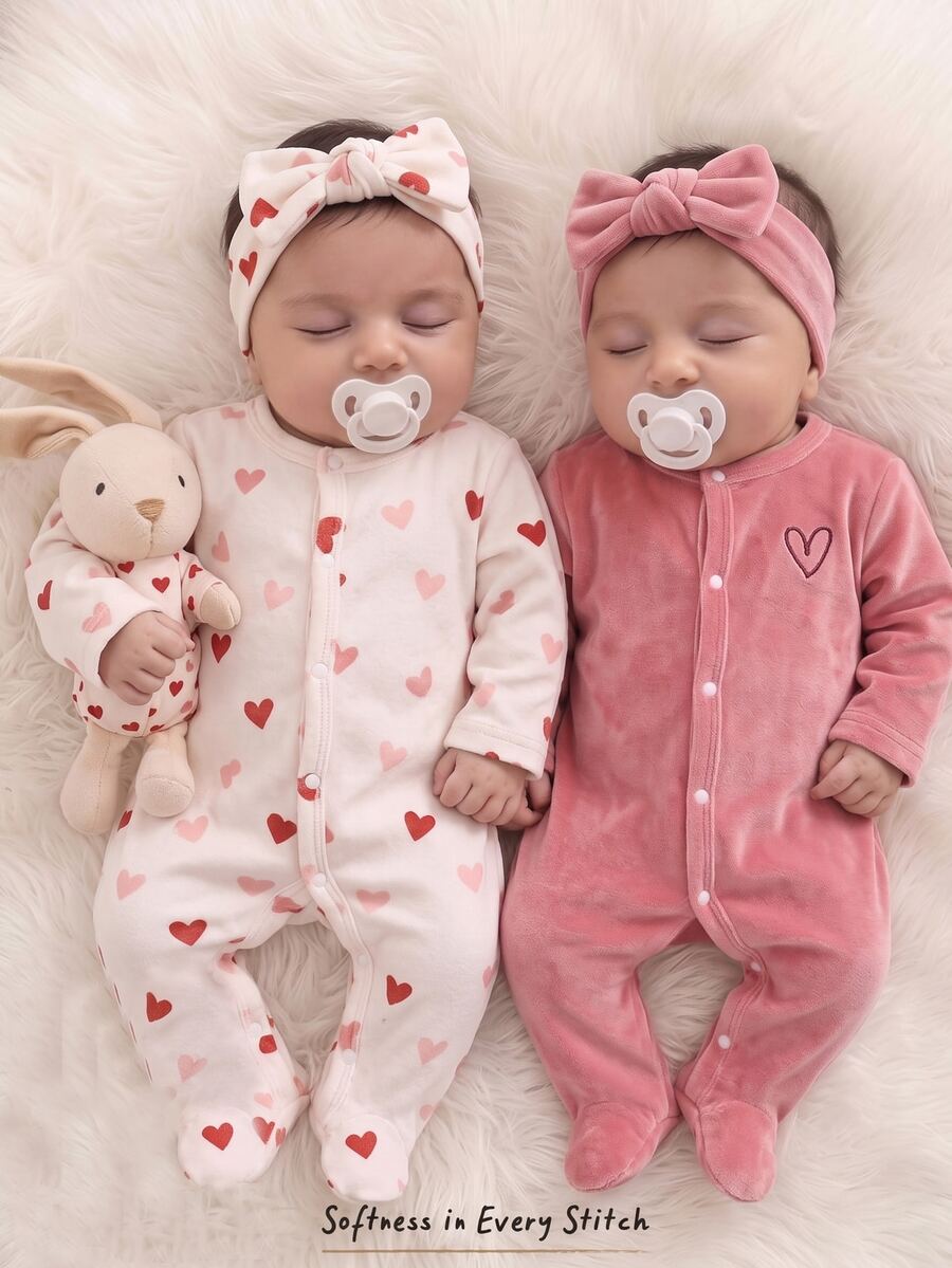 2pcs Newborn Soft Cozy Silver Fox Fleece Heart Print Pink Heart Embroidered Long Sleeve Button-Up Footed Rompers - Multicolor - View 1