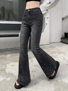 DAZY Women's Casual Daily Flare Jeans With Pocket And Button Fall - Black - View 3