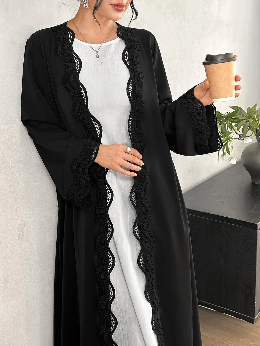 Al Najma Spring Autumn Winter Fashion Elegant Versatile Elegant Solid Color Wavy Hollow Lace Trim Open Front Women's Cardigan - Black - View 1