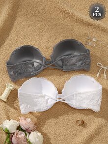 DesireSculpt 2pcs Wedding Strapless Anti-Slip Half Cup Front Closure Bra, Push-Up With Underwire For Small Bust, Multiple Wearing Styles, Free Invisible Shoulder Straps - Multicolor - View 2