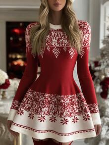 SHEIN Christmas Snowflake Pattern Knit Mini Dress Crew Neck Long Sleeve Bodycon Sweater Dress - Red and White - View 1