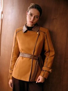 MOTF SHORT PREMIUM LAPEL WAIST-CINCHING TIE-FRONT CONTRAST COLOR WOOL BLEND OVERCOAT FOR WOMEN - Rust Brown - View 7