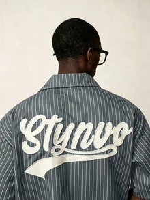 STYNVO 男士刺繡條紋單排扣短袖襯衫 - 灰色 - 查看 5