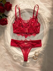Crystal Vow Romantic Lace & Mesh Underwire Lingerie Set, 2 Pieces - Burgundy - View 2