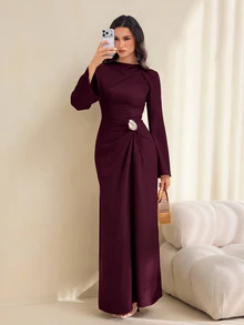 SHEIN Tall 女款純色扭結設計前襟金屬扣飾喇叭袖長袖洋裝 - 紫紅色 - 查看 6