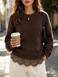 Editum Women's Solid Color Round Neck Drop Shoulder Long Sleeve Lace Hem Patchwork Sweater Brunch Dark Brown Autumn Casual - Brown - View 5