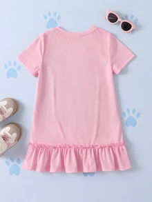 SHEIN | PAW Patrol Gaun Anak Perempuan Muda Kerah Bulat Lengan Pendek dengan Hiasan Rumbai di Bagian Bawah - Berwarna merah muda - View 2