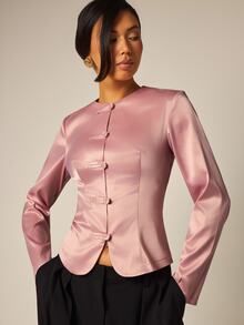 COSMINA Women's Pink Satin Shirt Jacket, Button Front Blouse Top - Pink - View 6