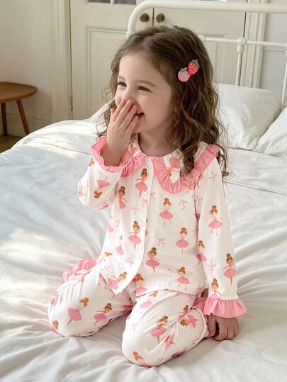 SHEIN Baby Girl Cartoon Print Ruffle Sleeve Top And Long Pants Loungewear Set