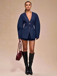 SHEIN BAE 女款純色長袖單排扣休閒西裝外套 - 藏蓝色 - 查看 6
