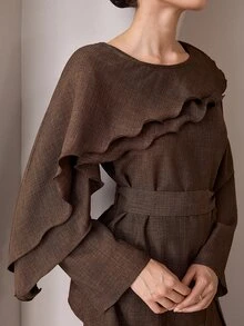 Graceveil Women's 2 Pieces Set With Layered Ruffle Waist Tie Cinched Top And Wide Leg Pants, Suitable For Commuting, Vacation, Daily Wear - Brown - View 6