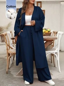 Auvina 2026新款大尺碼純棉長版開襟外套與寬鬆長褲休閒女裝兩件套，秋冬款 - 藏蓝色 - 查看 3