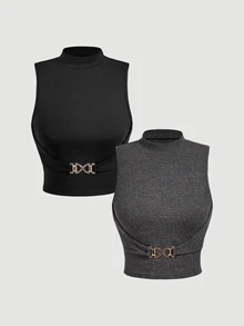 SHEIN MOD Women's 2pcs Ribbed Knit Solid Metal Buckle Mock Neck Sleeveless Slim Fit Crop Tank Top Set Black Grey Coquette Sweet Y2K For Christmas Party Fall - Multicolor - View 1