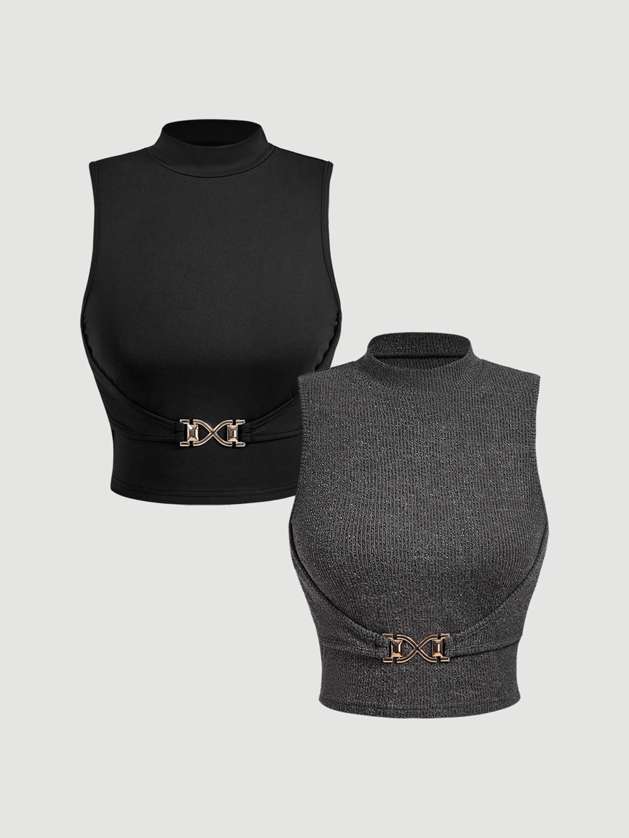 SHEIN MOD Women's 2pcs Ribbed Knit Solid Metal Buckle Mock Neck Sleeveless Slim Fit Crop Tank Top Set Black Grey Coquette Sweet Y2K For Christmas Party Fall - Multicolor - View 1
