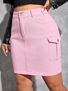 SHEIN ICON Plus Size Women's Cargo Pocket Bodycon Casual Denim Mini Skirt - Pink - View 1