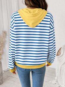 SHEIN LUNE Casual Minimalist Vintage Elegant Commuter Versatile Warm Yellow And Blue Striped Print Pattern, Beach Outfit, Vacation Outfit, Women's Summer Outfit, Round Neck Long Sleeve Loose Fit Women's Sweatshirt - Multicolor - View 3