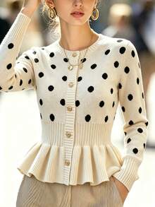 Pariaura Women's Autumn/Winter Polka Dot Pattern Ruffle Hem Knit Cardigan - Apricot - View 4