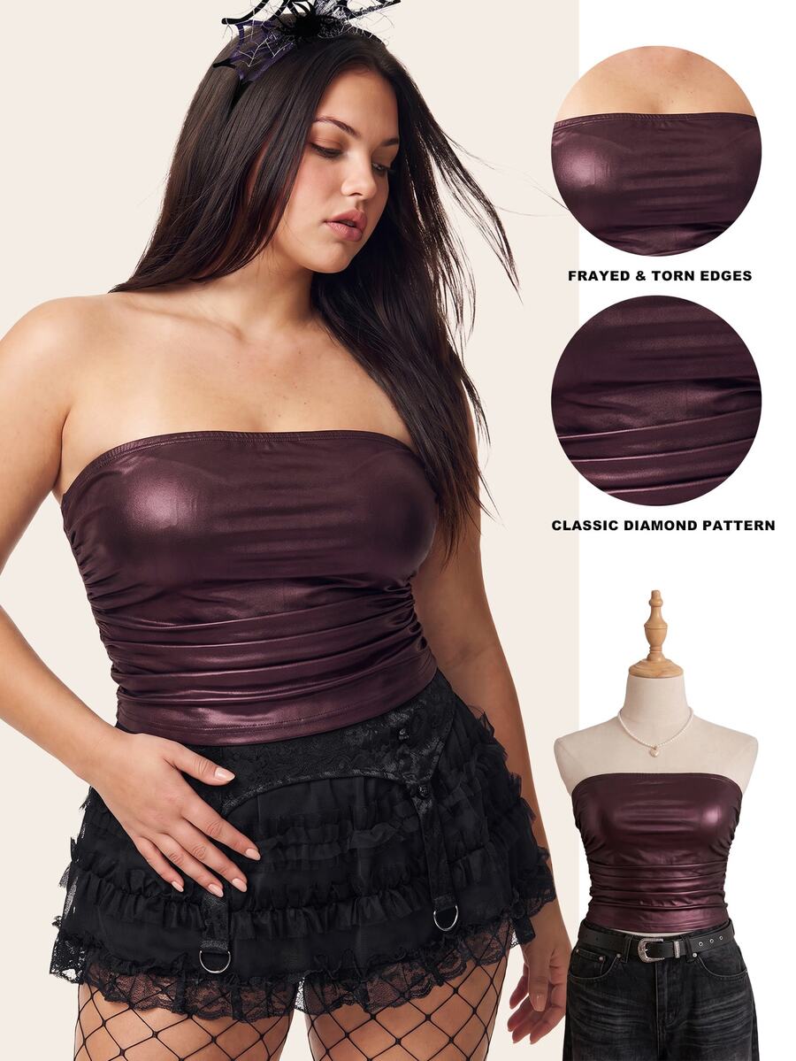 Comfortcana High Elastic PU Material Ruched Waist Bandeau Top Plus Size For Women - Brown - View 1