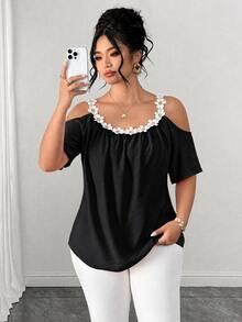 Elenzga Plus Size Round Neck Patchwork Lace Collar Cold Shoulder Short Sleeve Meteor Pleated Texture Pink Blouse - Black - View 4