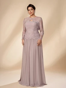 Serin Plus Size Elegant Romantic Champagne Lace Long Sleeve 2 Pieces Set French Lace Patchwork Chiffon Ruched Extra Large A-Line Skirt Suitable For Wedding Events Parties Celebrations All Formal Occasions Bride Mother Dress - Dusty Pink - View 6