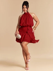SHEIN BAE 大尺碼女款純色百褶時尚約會掛脖迷你洋裝 - 紅色 - 查看 4