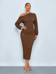 SOLERSUN Sexy Elegant Commuter Women's Asymmetrical Shoulder Shiny Dress Coffee Brown Autumn/Winter Cocktail Night Out - Brown - View 5