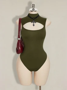 SHEIN ICON 女款大尺碼鏤空設計立領無袖連身衣 - 軍綠色 - 查看 3