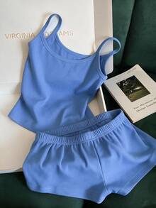 Franclia Women's Casual Vacation Solid Color Camisole Top And Shorts 2 Pieces Set - Light Wash - View 4