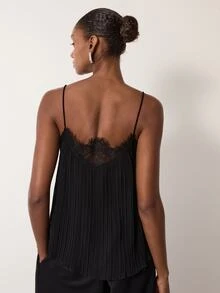 MERLEAU Women's Modern Black Pleated Contrast Lace Design Camisole Top - Black - View 2