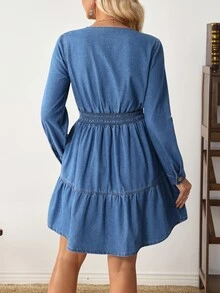EMERY ROSE Women's V-Neck Pleated Casual Everyday Summer Denim Dress - Blue - View 8