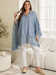 EMERY ROSE Plus Size Women Autumn/Winter Casual Vacation Elegant Loose Blue Lace Patchwork Blouse Top Shirt,Fall Going Out,Formal,Business, Office - Blue - View 5