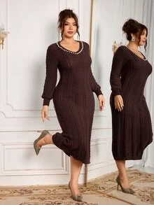 Modelyn Plus Size Women's Faux Pearl Decor Casual Daily Knit Dress - Khaki - View 4
