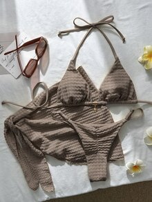 Swim Mod 女款春夏提花布料掛脖金屬裝飾裙 3 件式比基尼套裝 - 棕色 - 查看 2