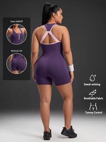 Powerista Women's Plus Size Zipper Half-Placket Striped Colorblock Sports Romper - Purple - View 1