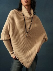 Bohemela Vintage High Neck Shawl Collar Shell Trim Knit Sweater - Apricot - View 2