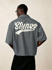 STYNVO 男士刺繡條紋單排扣短袖襯衫 - 灰色 - 查看 1