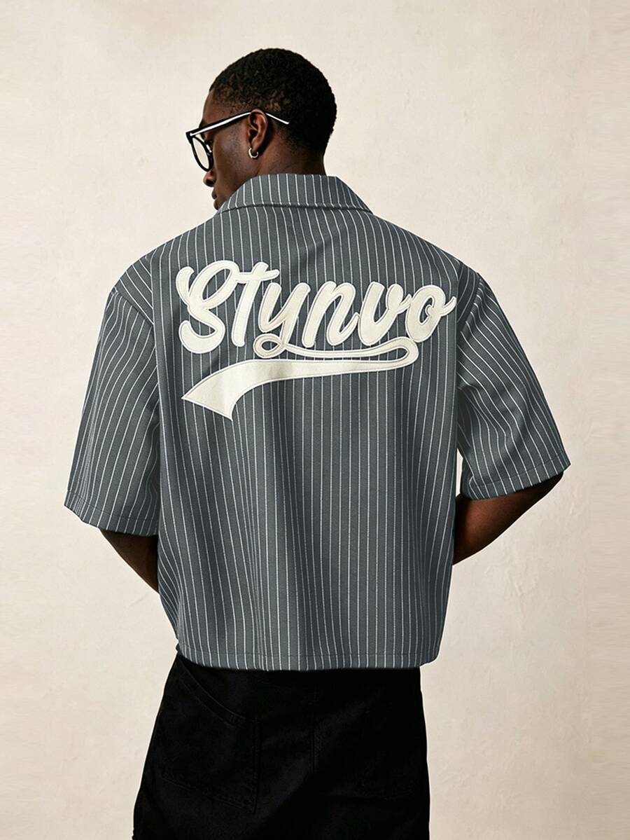 STYNVO 男士刺繡條紋單排扣短袖襯衫 - 灰色 - 查看 1